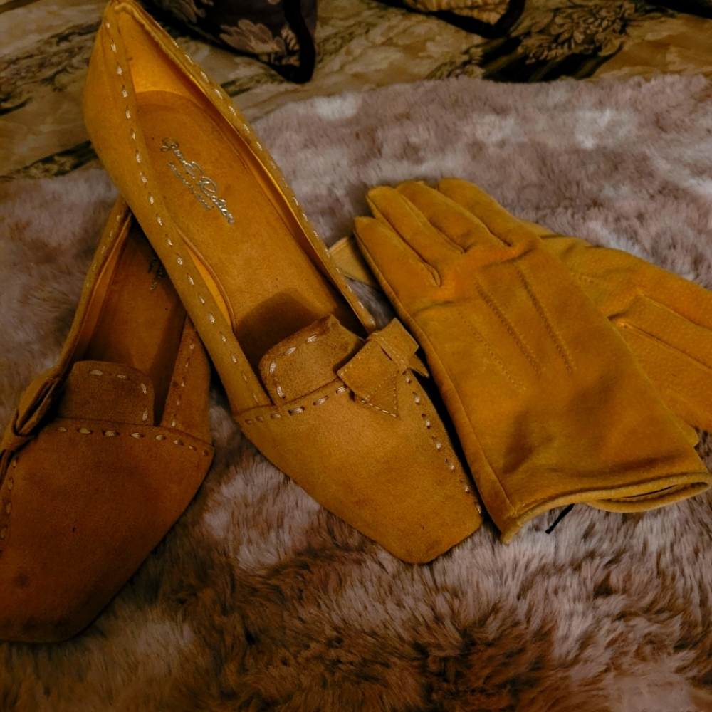 Generational mustard 2" pump heels and with matching glove
